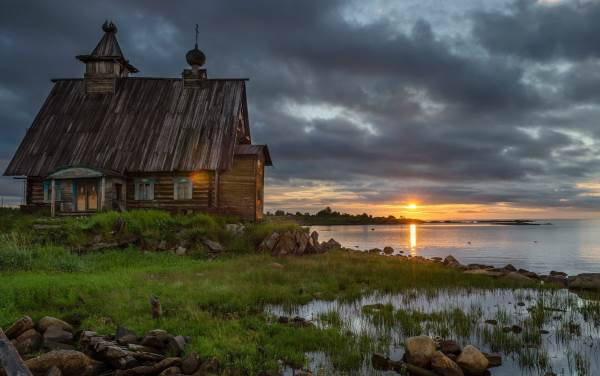 1 ok grass sun church west ukraine lake wooden