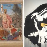 A sinistra l'affresco "La Resurrezione" di Piero della Francesca, a destra la serigrafia "Virgin Mary" (nota anche come "Toxic Mary") di Bansky