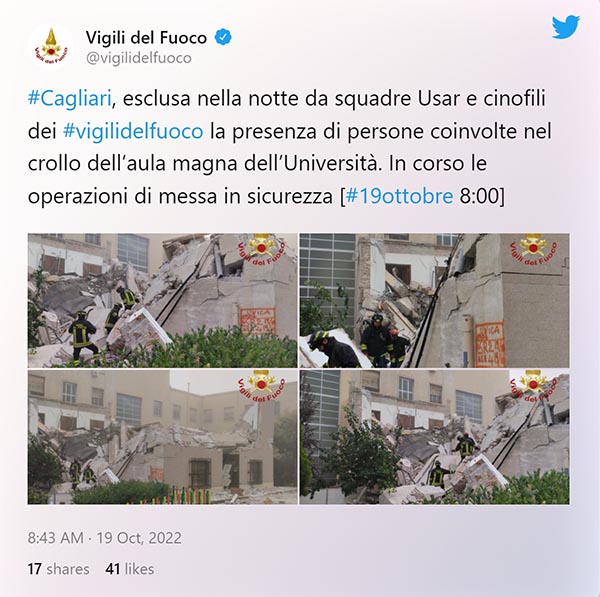 Tweet by Vigili del Fuoco cagliari
