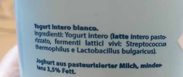 yogurt intero bianco etichetta