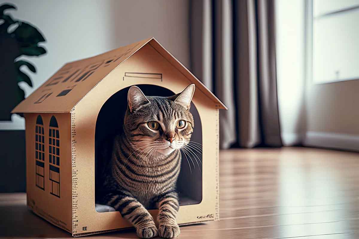 Casette per gatti con scatole di cartone riciclate: il tutorial e le idee fai da te più belle da cui trarre ispirazione  --- (Fonte immagine: https://www.greenme.it/wp-content/uploads/2023/09/casette-gatti.jpg)